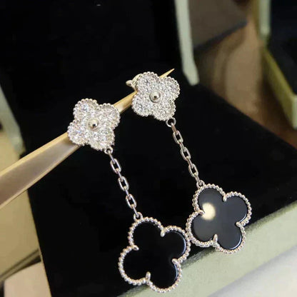 [Rosla Jewelry]CLOVER 2 MOTIFS  DIAMOND ONYX EARRINGS SILVER