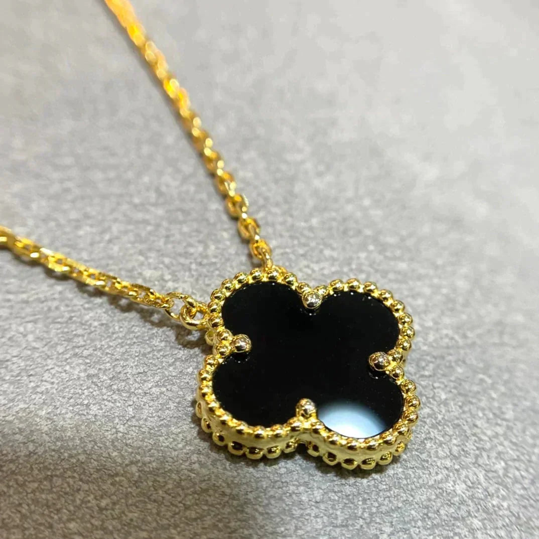 [Rosla Jewelry]CLOVER 15MM BLACK ONYX SINGLE FLOWER NECKLACE