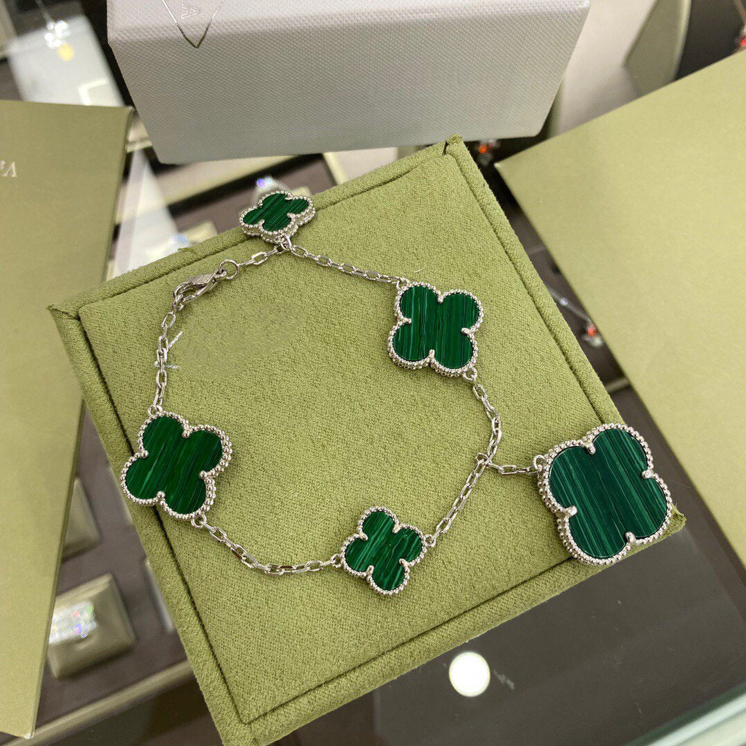 [Rosla Jewelry]CLOVER 5 MOTIFS SIVLER MALACHITE BRACELET