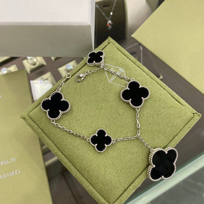 [Rosla Jewelry]CLOVER 5 MOTIFS SIVLER ONYX BRACELET