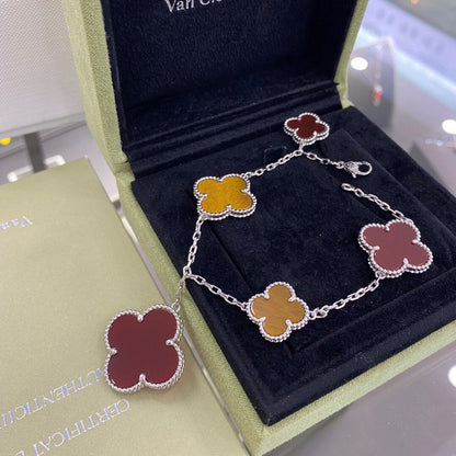 [Rosla Jewelry]CLOVER 5 MOTIFS SIVLER CARNELIAN TIGER EYE BRACELET