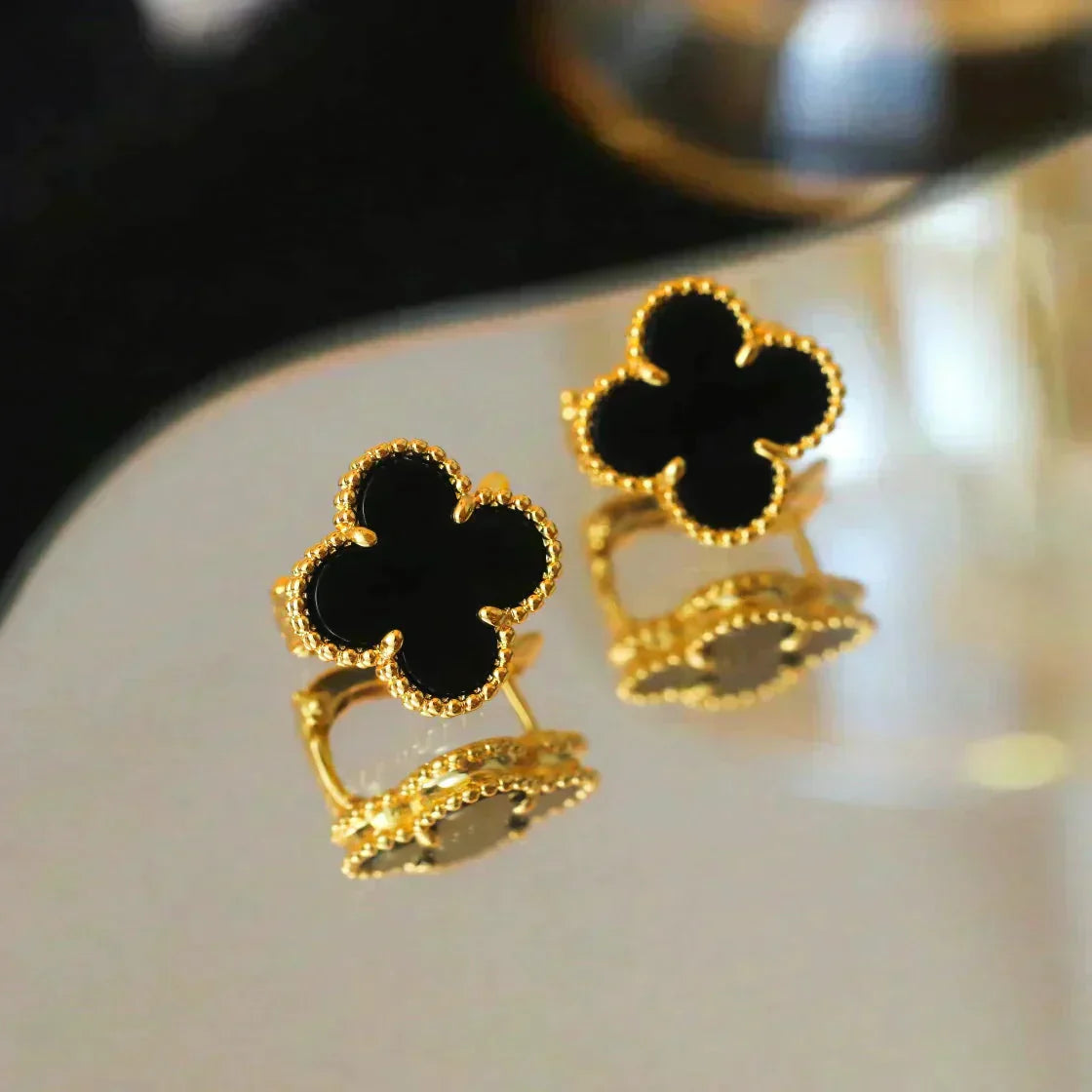 [Rosla Jewelry]CLOVER MEDIUM 1 MOTIFS  ONYX STUD EARRINGS