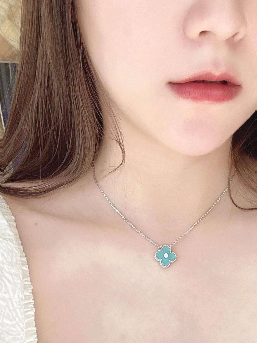 [Rosla Jewelry]CLOVER 1 DIAMOND LIGHT BLUE SILVER NECKLACE