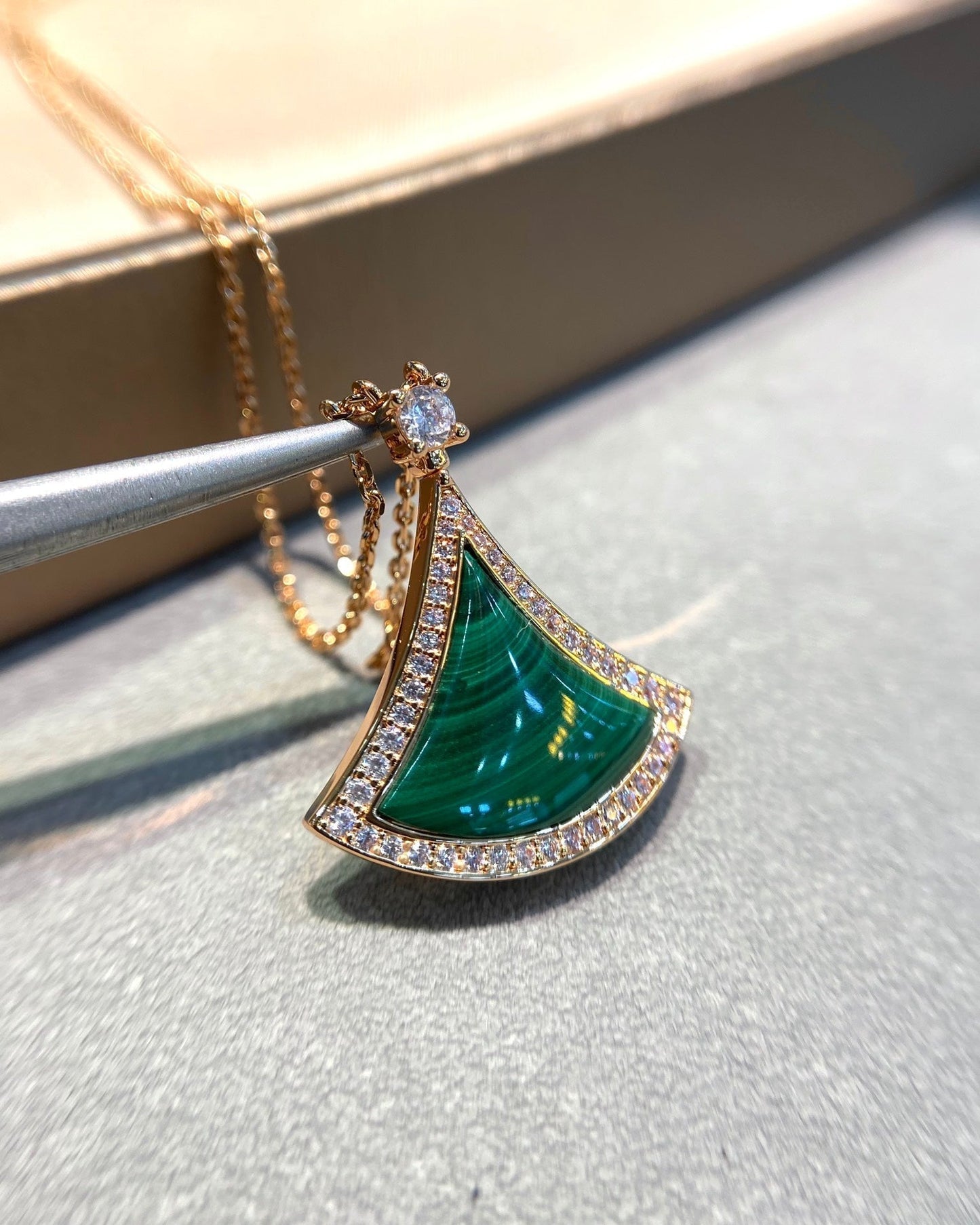 [Rosla Jewelry]DREAM MALACHITE DIAMOND PAVED PINK GOLD NECKLACE