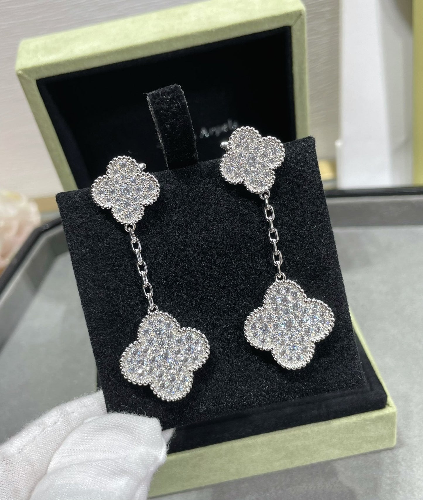 [Rosla Jewelry]CLOVER 2 MOTIFS DIAMOND PAVED SILVER EARRINGS