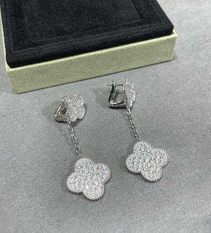 [Rosla Jewelry]CLOVER 2 MOTIFS DIAMOND PAVED SILVER EARRINGS