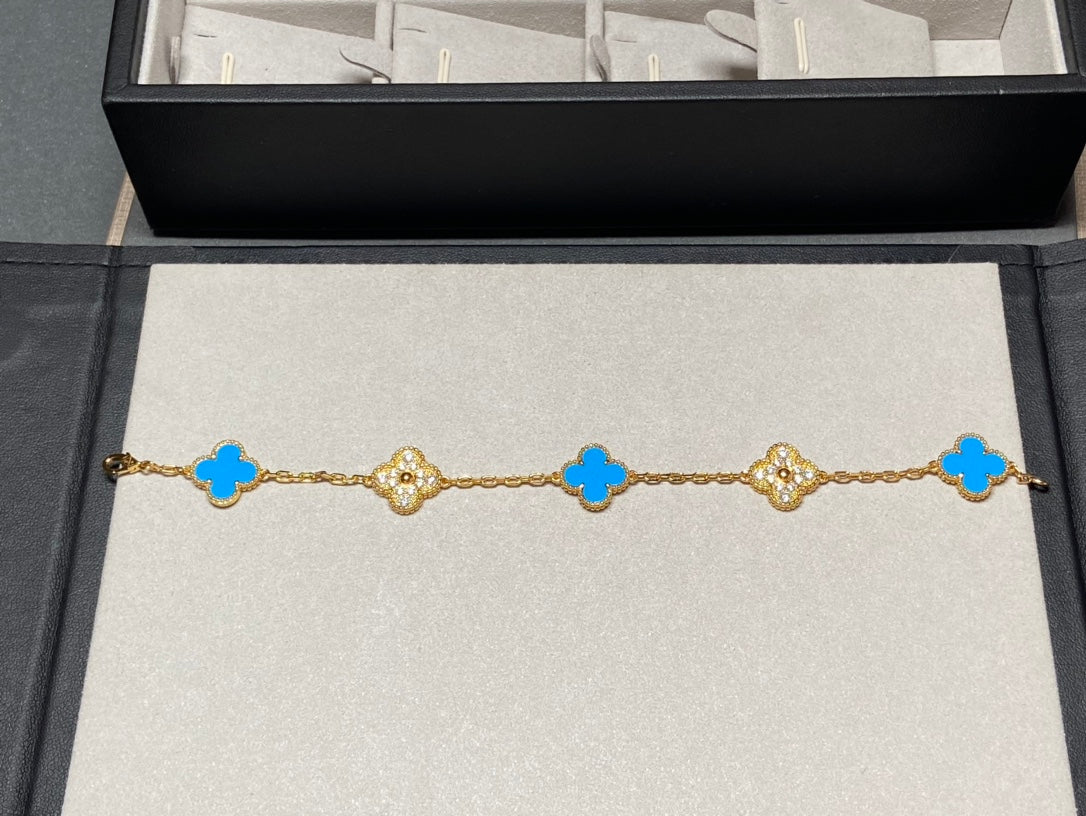 [Rosla Jewelry]CLOVER 5 MOTIF BLUE CHALCEDONY DIAMOND GOLD BRACELET