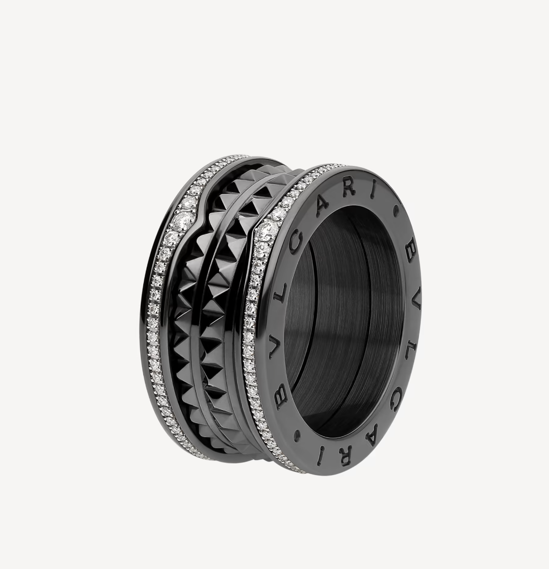 [Rosla Jewelry]ZERO 1 ROCK FOUR-BAND BLACK CERAMIC WITH STUDDED SPIRAL AND PAVED DIAMONDS RING