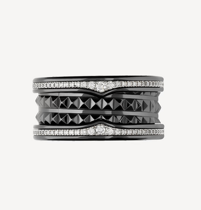 [Rosla Jewelry]ZERO 1 ROCK FOUR-BAND BLACK CERAMIC WITH STUDDED SPIRAL AND PAVED DIAMONDS RING