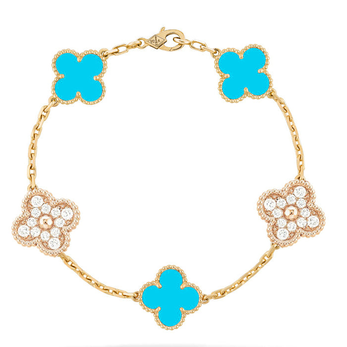 [Rosla Jewelry]CLOVER 5 MOTIF TURQUOISE DIAMOND GOLD BRACELET