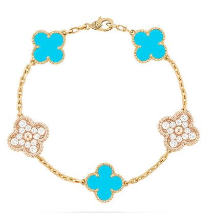 [Rosla Jewelry]CLOVER 5 MOTIF TURQUOISE DIAMOND GOLD BRACELET