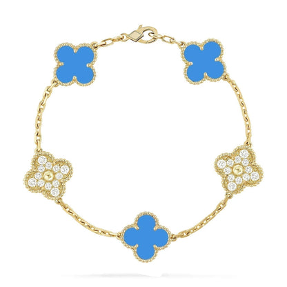 [Rosla Jewelry]CLOVER 5 MOTIF BLUE CHALCEDONY DIAMOND GOLD BRACELET