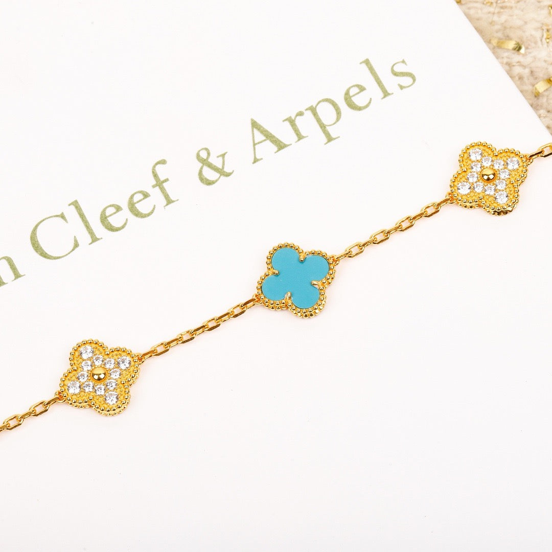 [Rosla Jewelry]CLOVER 5 MOTIF TURQUOISE DIAMOND GOLD BRACELET