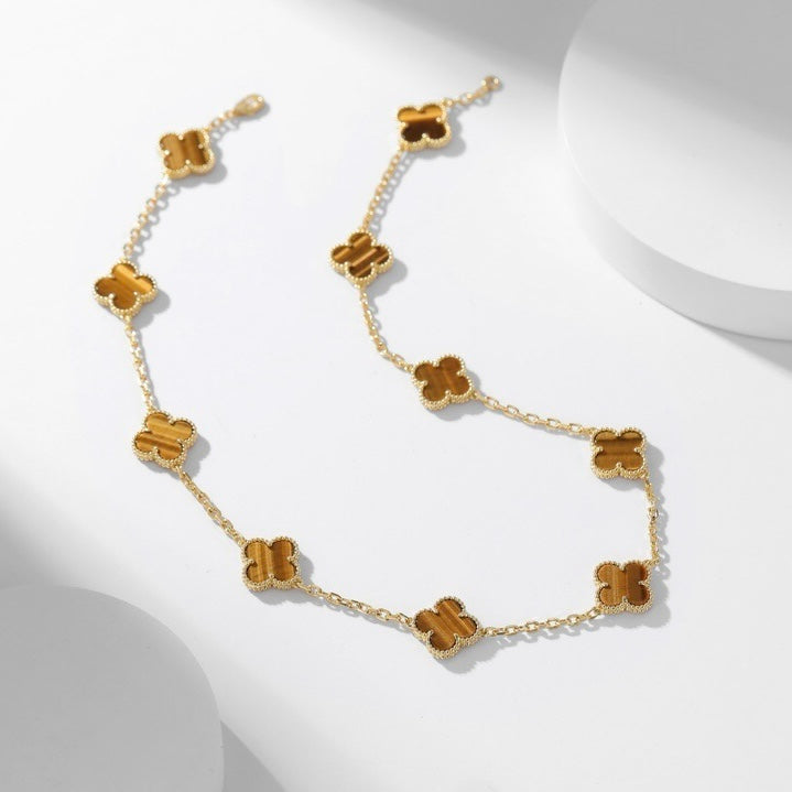 [Rosla Jewelry]CLOVER 10 MOTIFS TIGER EYE NECKLACE