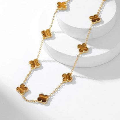 [Rosla Jewelry]CLOVER 10 MOTIFS TIGER EYE NECKLACE