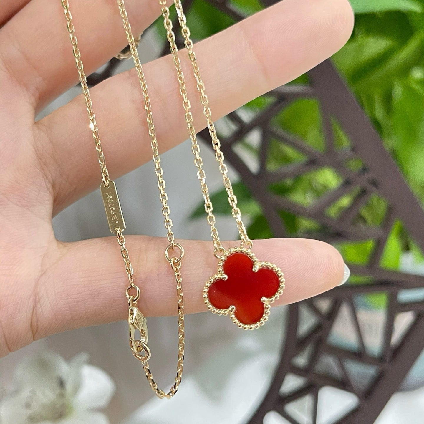 [Rosla Jewelry]CLOVER 15MM CARNELIAN SINGLE FLOWER NECKLACE