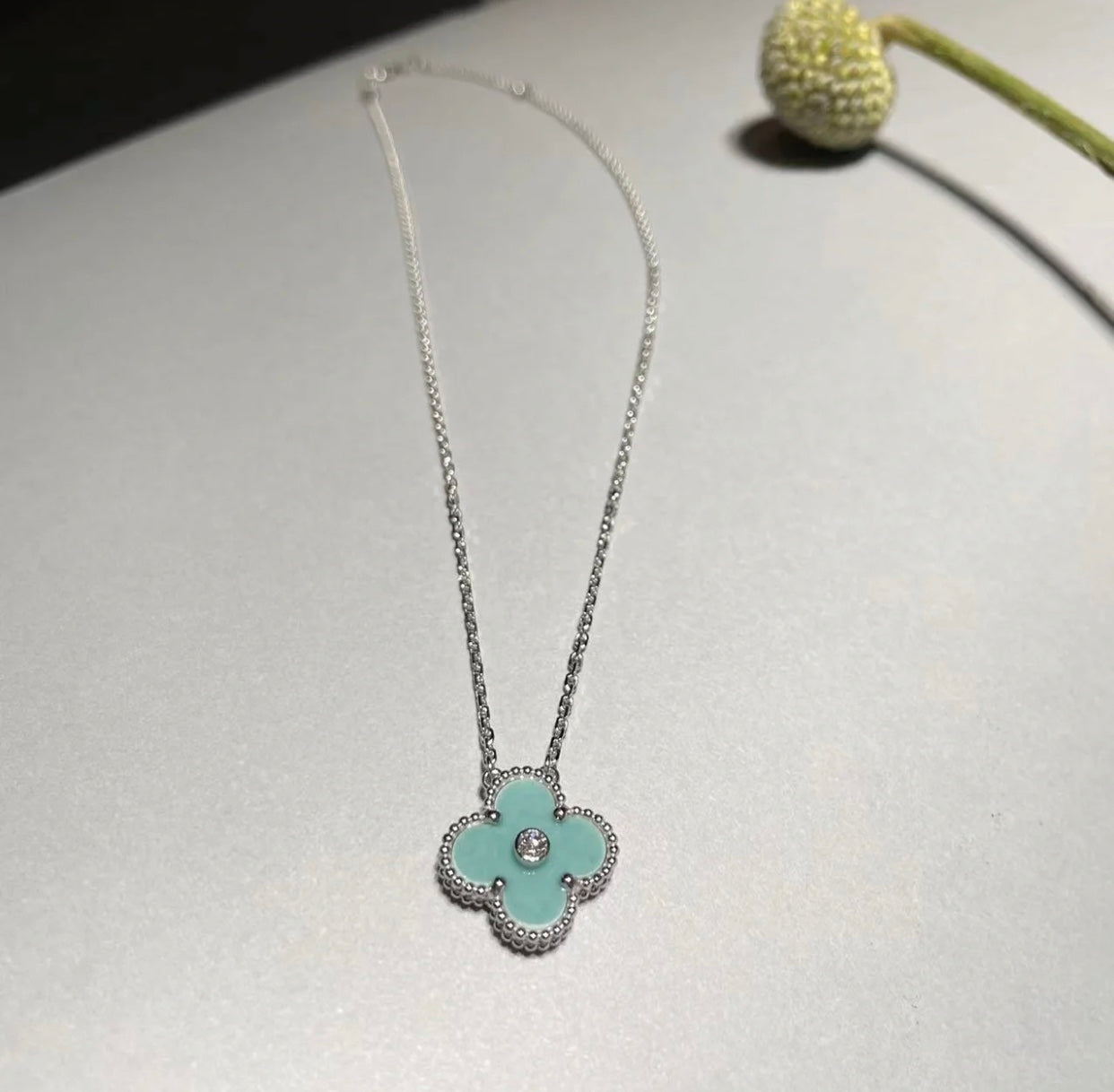 [Rosla Jewelry]CLOVER 1 DIAMOND LIGHT BLUE SILVER NECKLACE