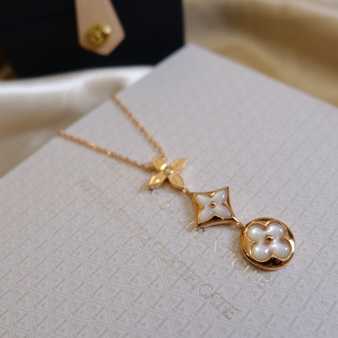 [Rosla Jewelry]COLOR BLOSSOM LARIAT NECKLACE PINK GOLD WHITE MOTHER PEARL AND DIAMOND