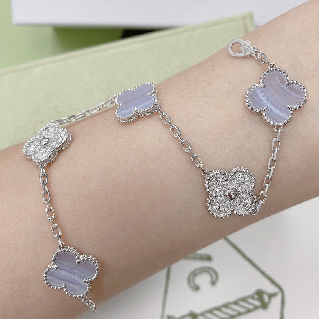 [Rosla Jewelry]CLOVER  5 MOTIF DIAMOND PURPLE CHALCEDONY BRACELET SILVER