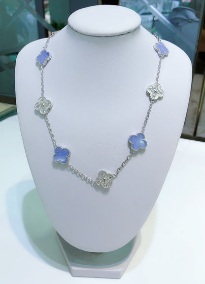 [Rosla Jewelry]CLOVER 10 MOTIFS CHALCEDONY DIAMONDS SILVER NECKLACE