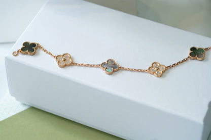 [Rosla Jewelry]CLOVER 5 MOTIFS DARK MOP AND DIAMONDS PINK GOLD BRACELET